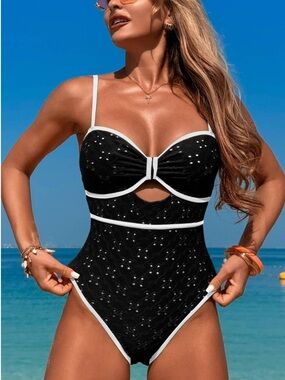 1144.  Black Eyelet One-Piece Swimsuit with White Trim